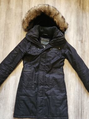 TNA Aritzia Black Faux-Fur Hooded Winter Coat - Women's Long Parka